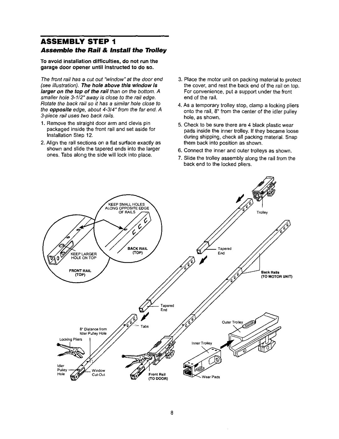 Sears 139.53971SRT, 139.53960SRT, 139.53968SRT Assemble the Rail & Install the Trolley, Back Rails, To Motor Unit 