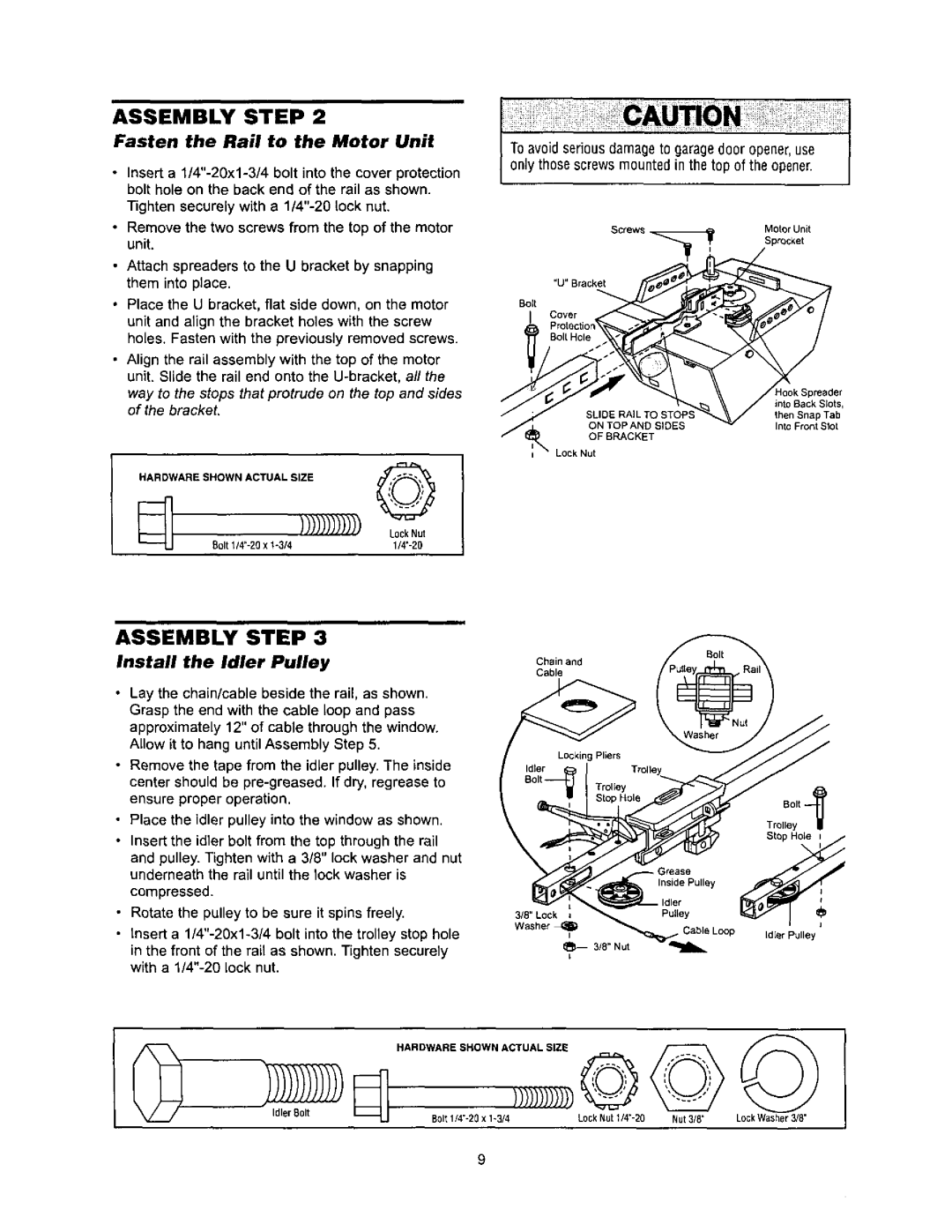 Sears 139.53960SRT, 139.53968SRT owner manual Install the Idler Pulley, Hardware Shown Actual Size, On TOP and Sides Bracket 