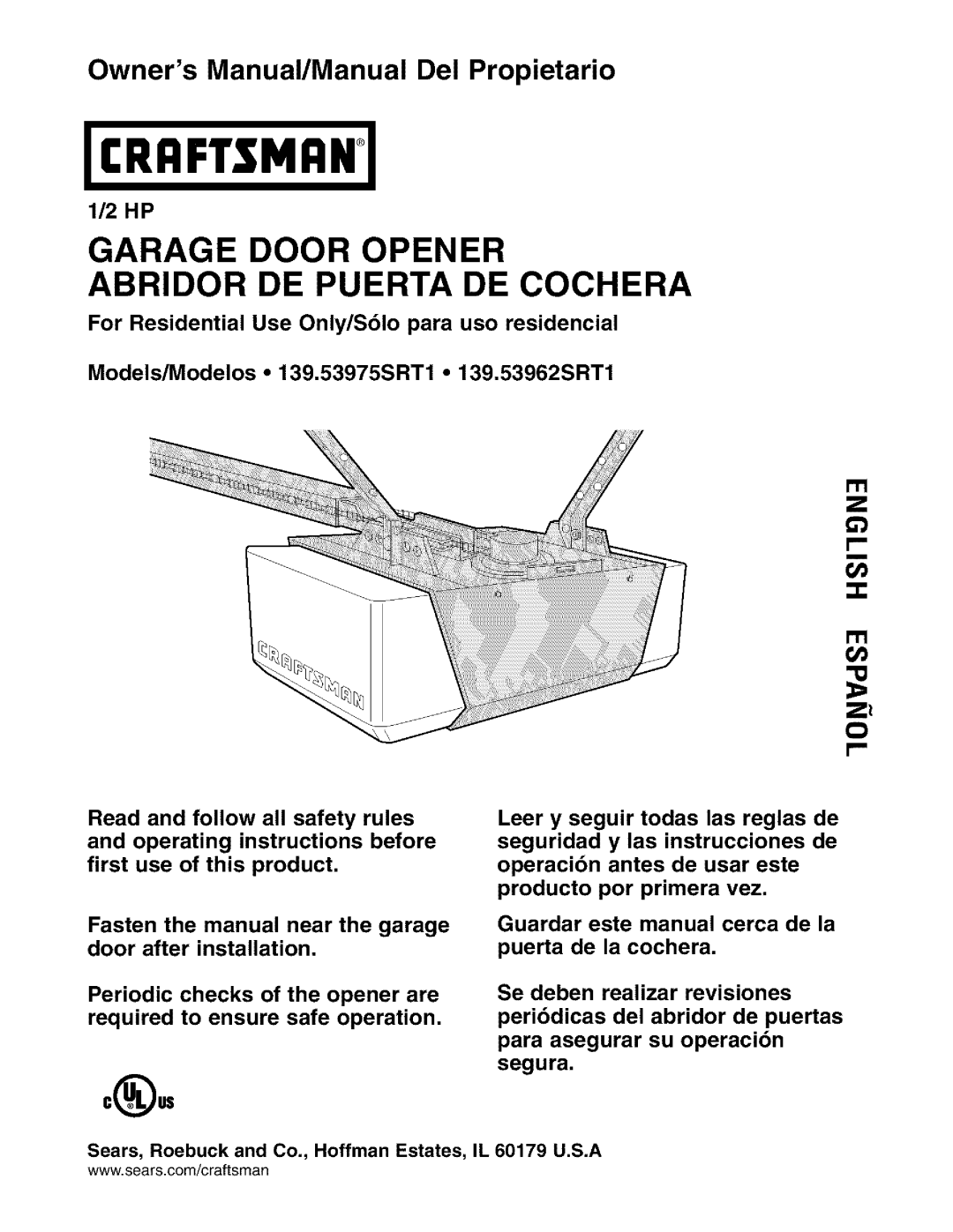 Sears 139.53962SRT1, 139.53975SRT1 owner manual Garage Door Opener Abridor DE Puerta DE Cochera 