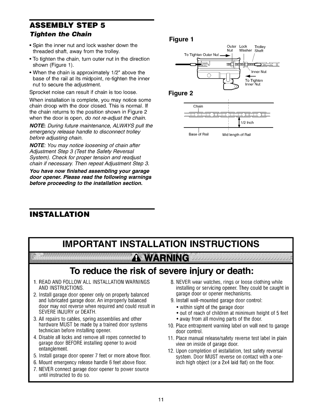 Sears 139.53962SRT1, 139.53975SRT1 owner manual To reduce the risk of severe injury or death, Tighten the Chain 