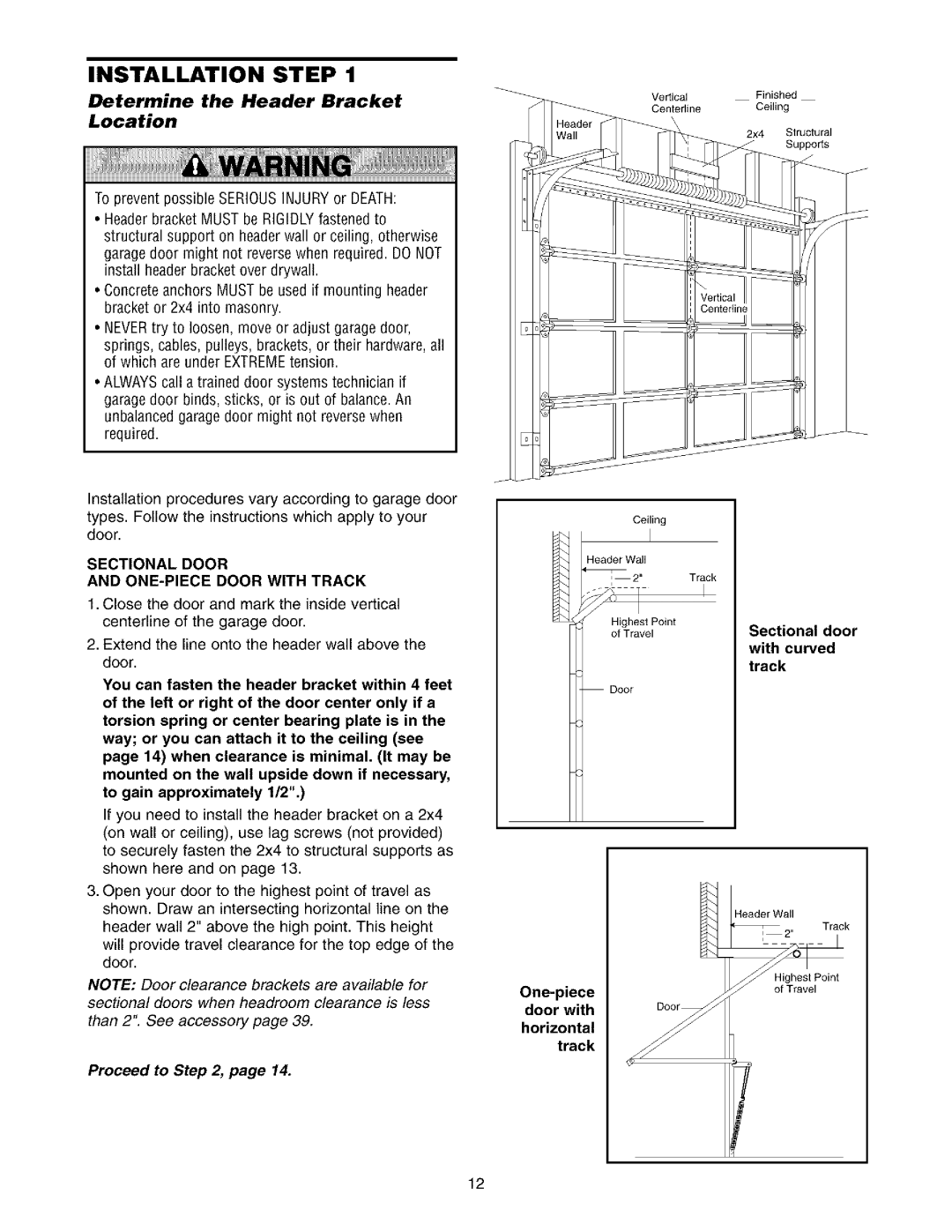 Sears 139.53975SRT1 Determine the Header Bracket Location, Sectional Door ONE-PIECE Door with Track, Proceed to 