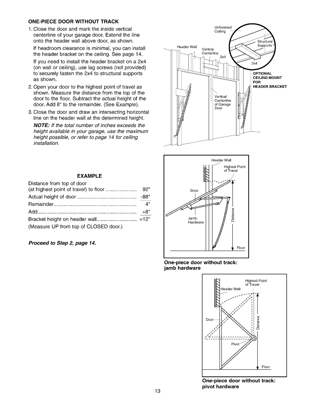 Sears 139.53962SRT1, 139.53975SRT1 owner manual ONE-PIECE Door Without Track, Example, Floor 