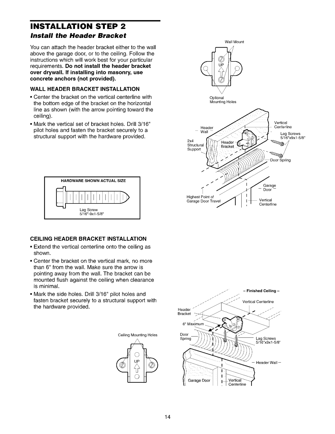 Sears 139.53975SRT1 Install the Header Bracket, Wall Header Bracket Installation, Ceiling Header Bracket Installation 