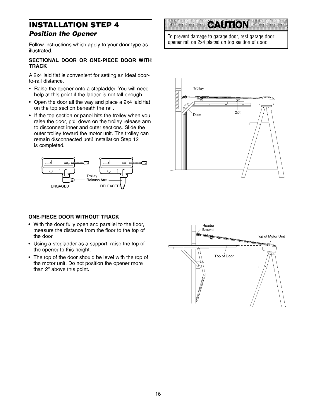 Sears 139.53975SRT1, 139.53962SRT1 owner manual Position the Opener, Sectional Door or ONE-PIECEDOOR with Track 