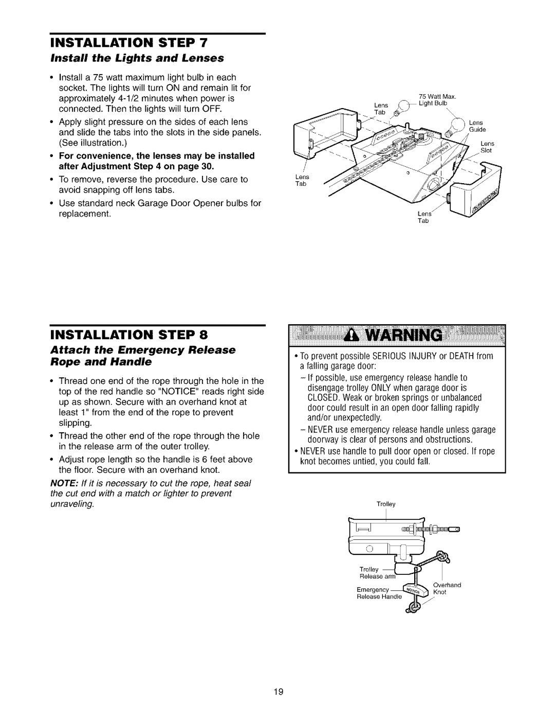 Sears 139.53962SRT1, 139.53975SRT1 owner manual Install the Lights and Lenses, Attach the Emergency Release Rope and Handle 