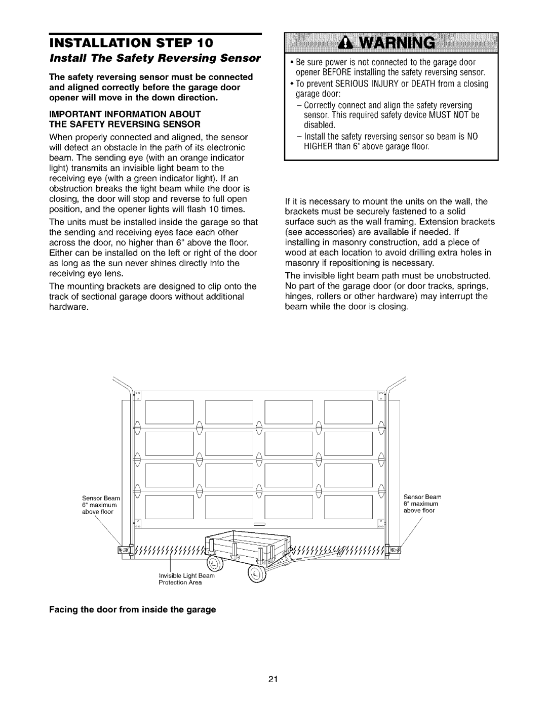 Sears 139.53962SRT1 owner manual Install The Safety Reversing Sensor, Important Information about Safety Reversing Sensor 