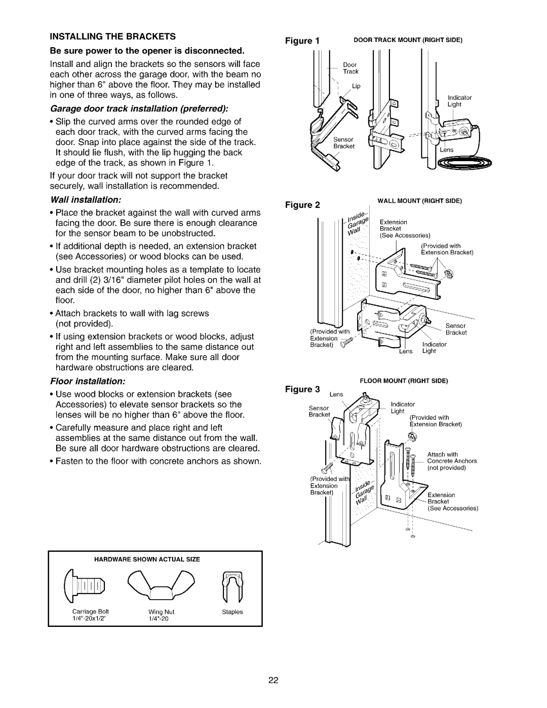 Sears 139.53975SRT1 Installing the Brackets, Garage door track installation preferred, Wall installation, Track 