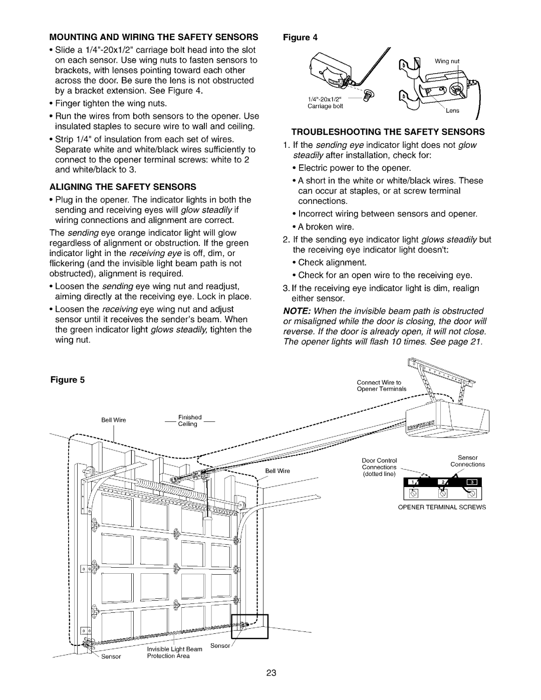 Sears 139.53962SRT1, 139.53975SRT1 owner manual Mounting and Wiring the Safety Sensors, Aligning the Safety Sensors 