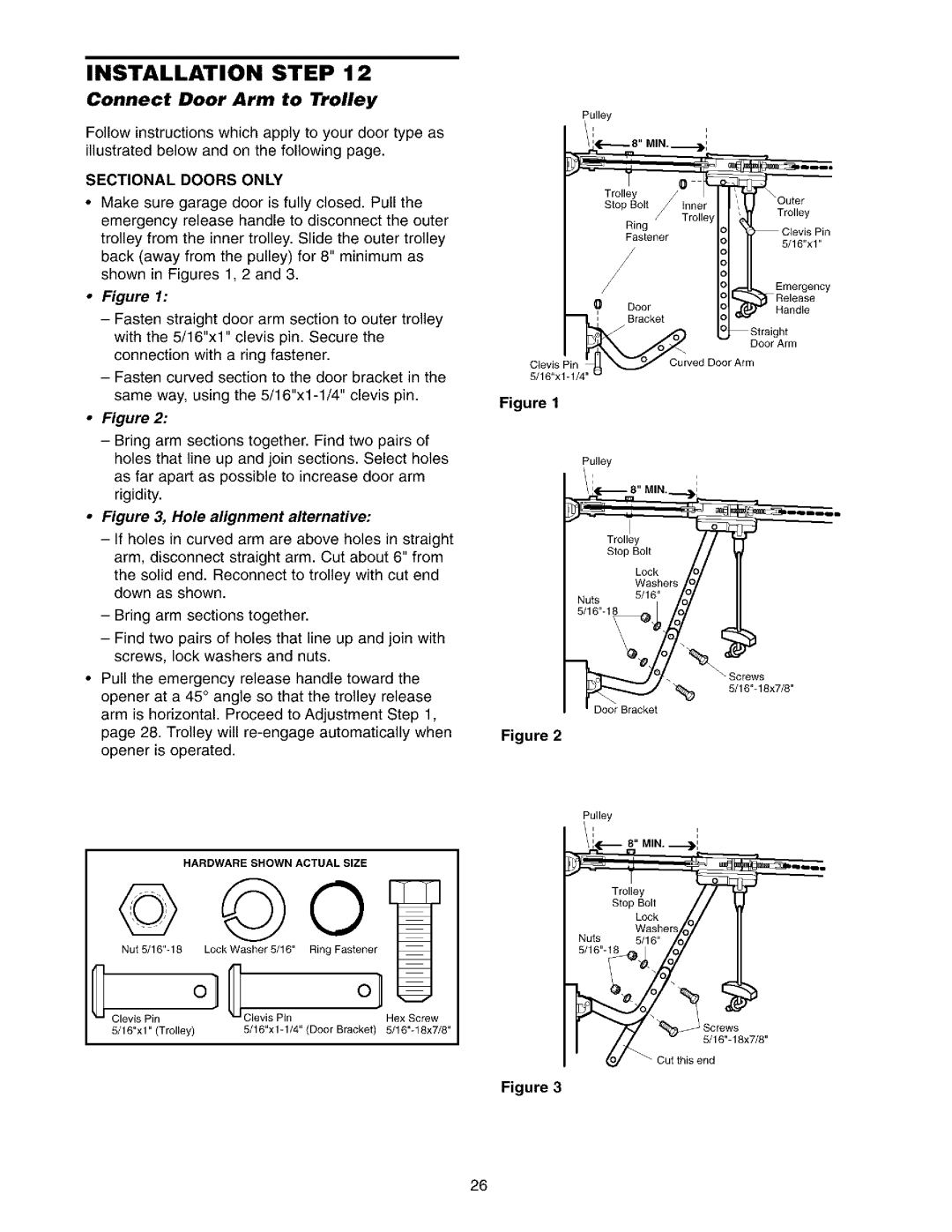 Sears 139.53975SRT1, 139.53962SRT1 owner manual Connect Door Arm to Trolley, Sectional Doors only, Min, Fastener 