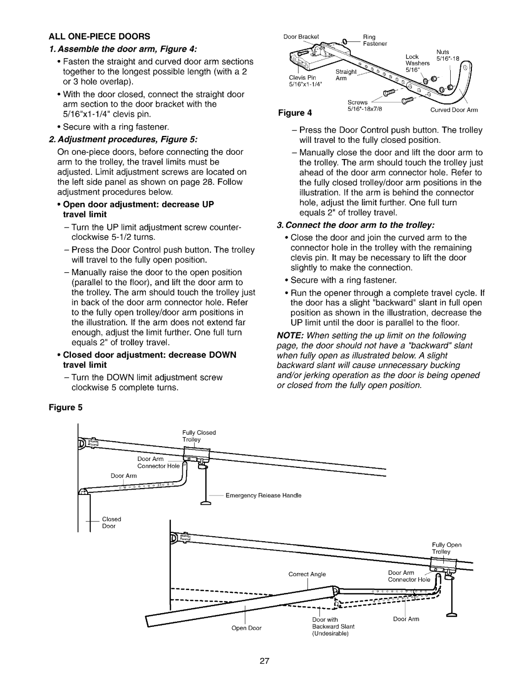 Sears 139.53962SRT1 ALL ONE-PIECE Doors, Assemble the door arm, Figure, Adjustment procedures, Figure, Fully Closed, Ure 