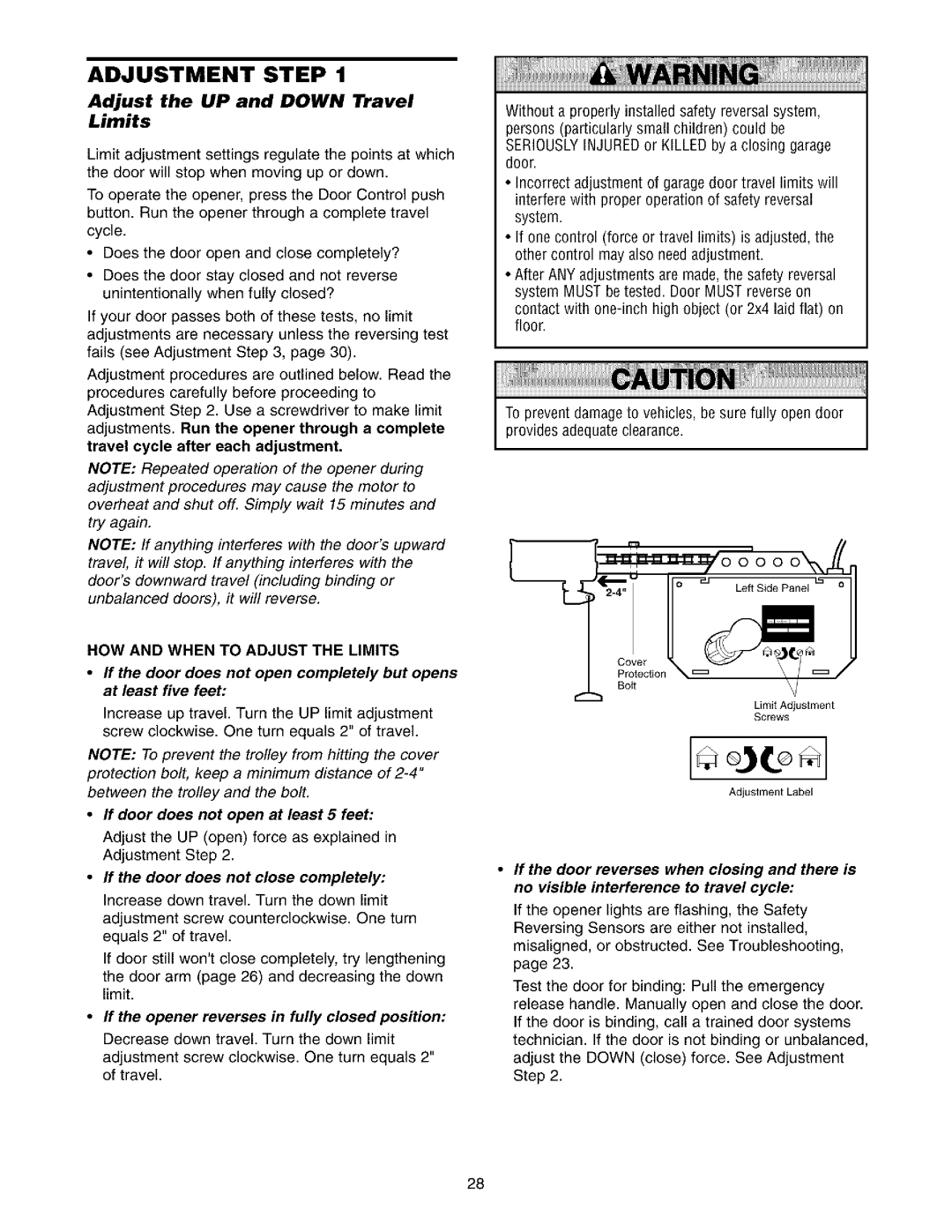 Sears 139.53975SRT1, 139.53962SRT1 owner manual Adjust the UP and Down Travel Limits, HOW and When to Adjust the Limits 