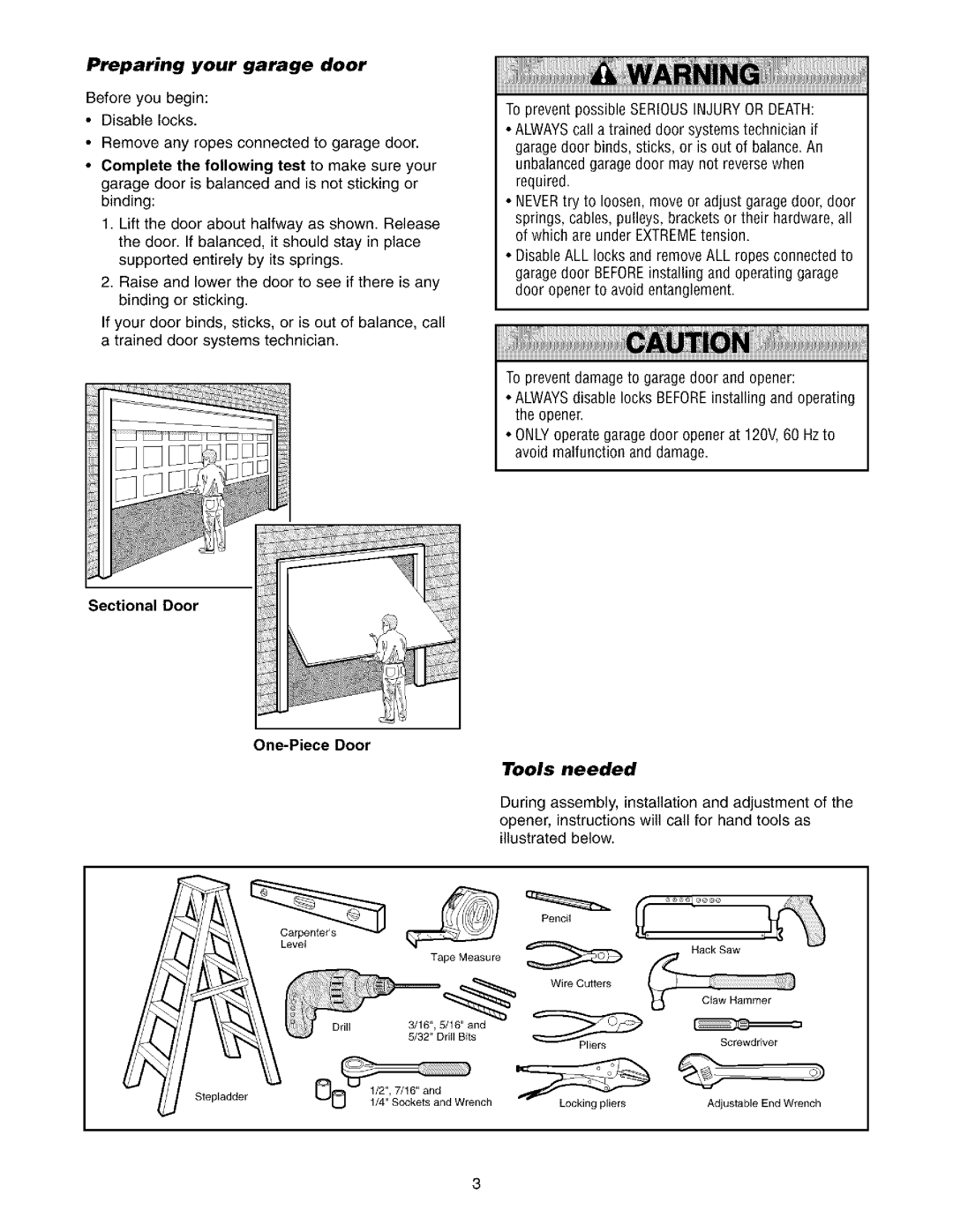 Sears 139.53962SRT1, 139.53975SRT1 owner manual Preparing your garage door, Tools needed 