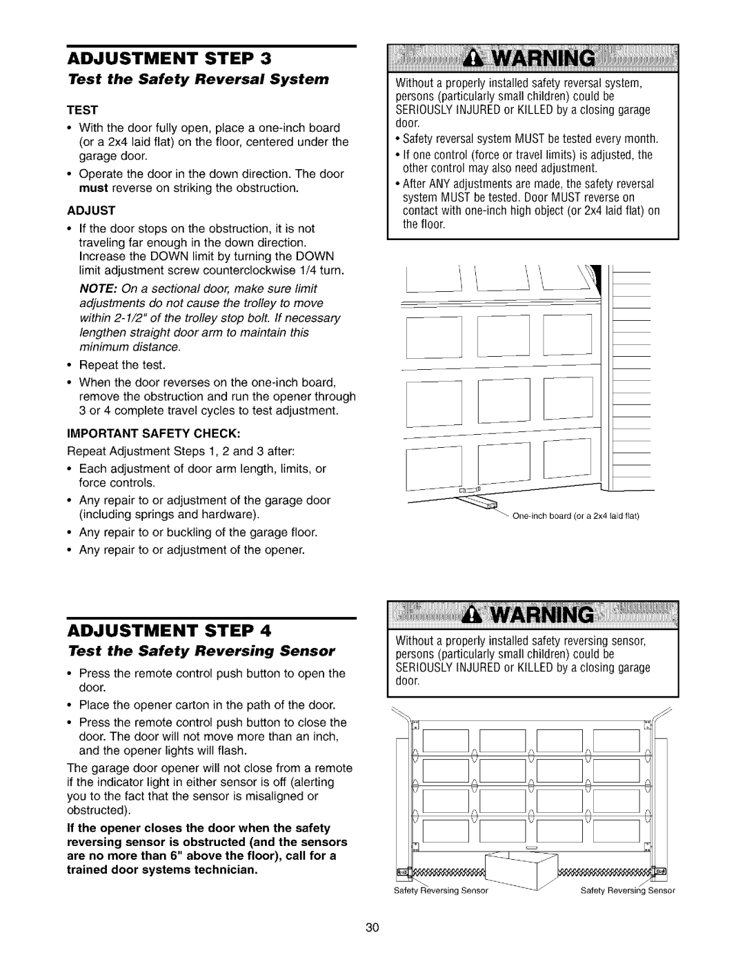 Sears 139.53975SRT1, 139.53962SRT1 owner manual Test the Safety Reversal System, Test the Safety Reversing Sensor, Adjust 