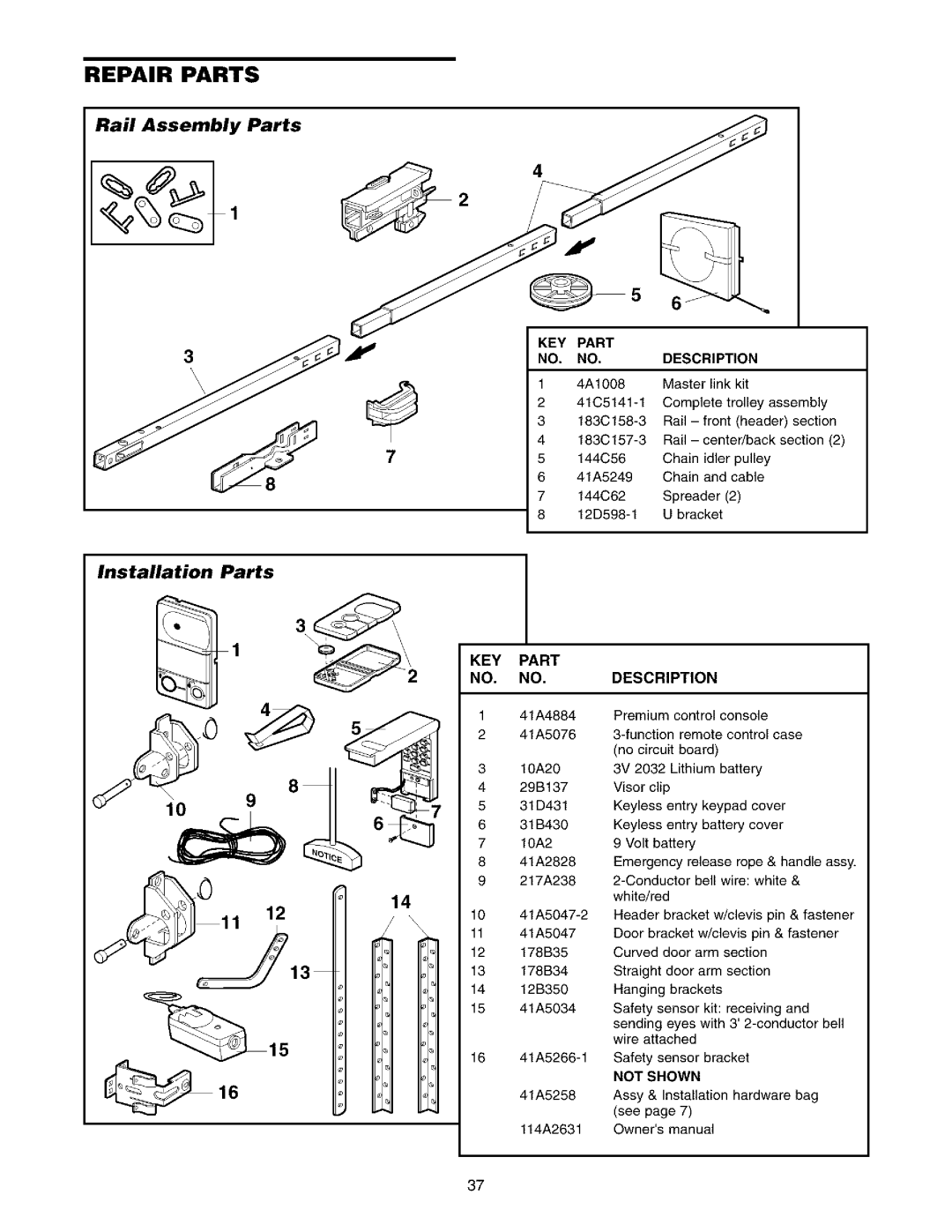 Sears 139.53962SRT1, 139.53975SRT1 owner manual Rail Assembly Parts, Installation Parts, KEY Part Description 