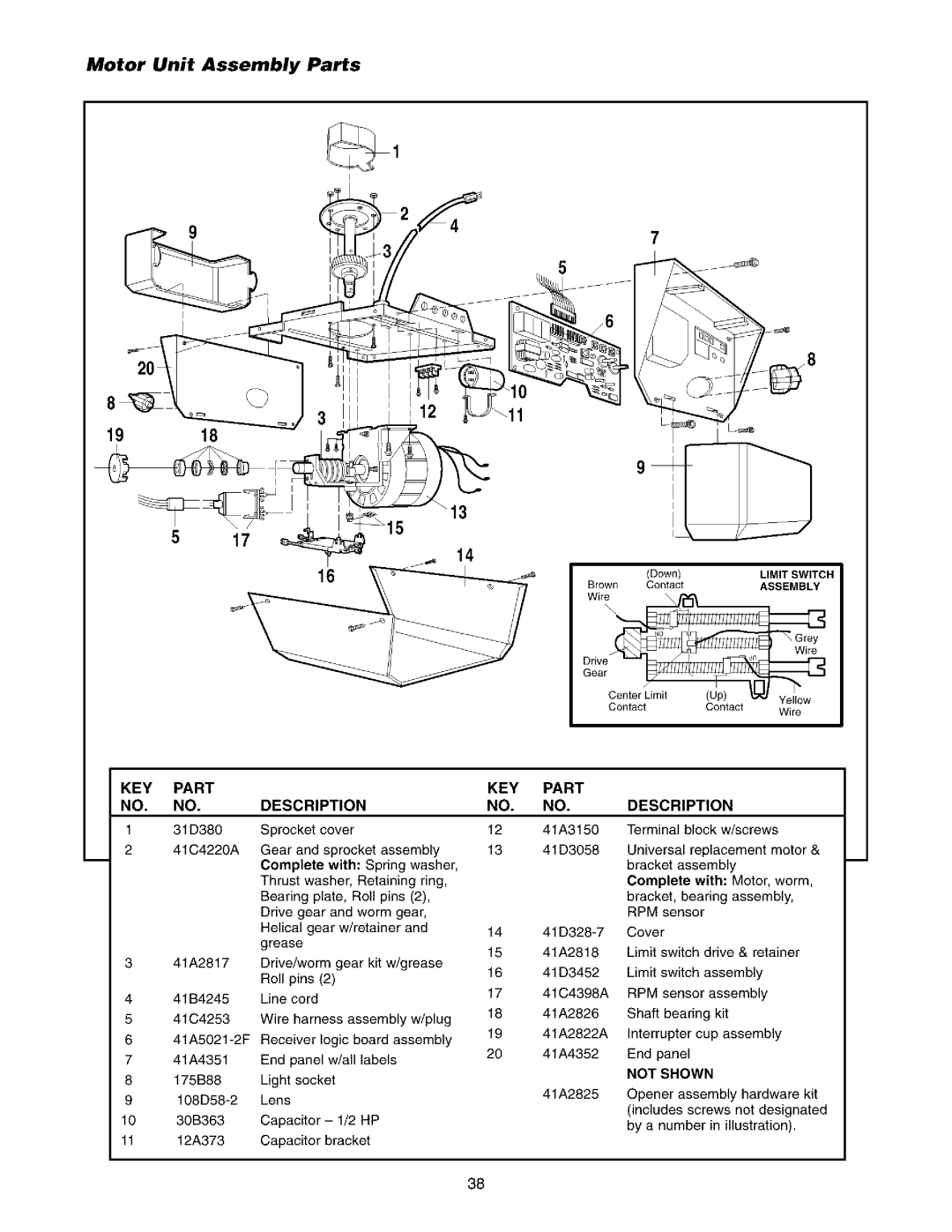 Sears 139.53975SRT1, 139.53962SRT1 owner manual Motor Unit Assembly Parts, KEY Part Description, Not Shown 