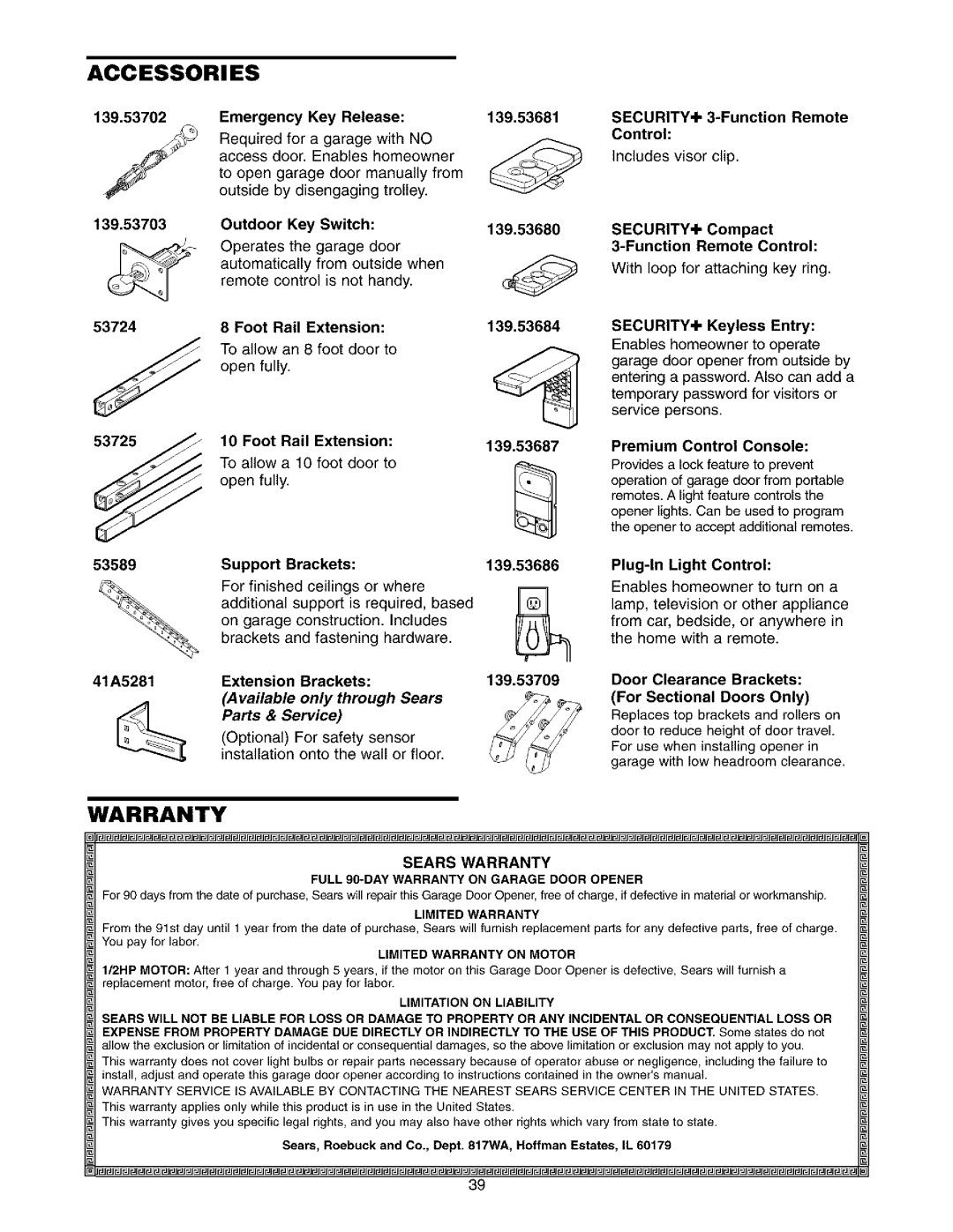 Sears 139.53962SRT1, 139.53975SRT1 owner manual Accessori ES, Available Only through Sears Parts & Service 