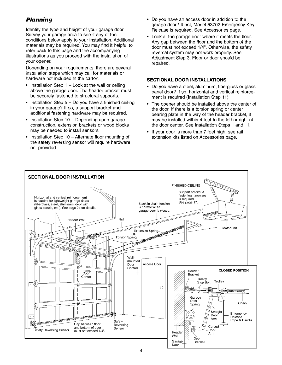 Sears 139.53975SRT1, 139.53962SRT1 owner manual Planning, Sectional Door Installation 