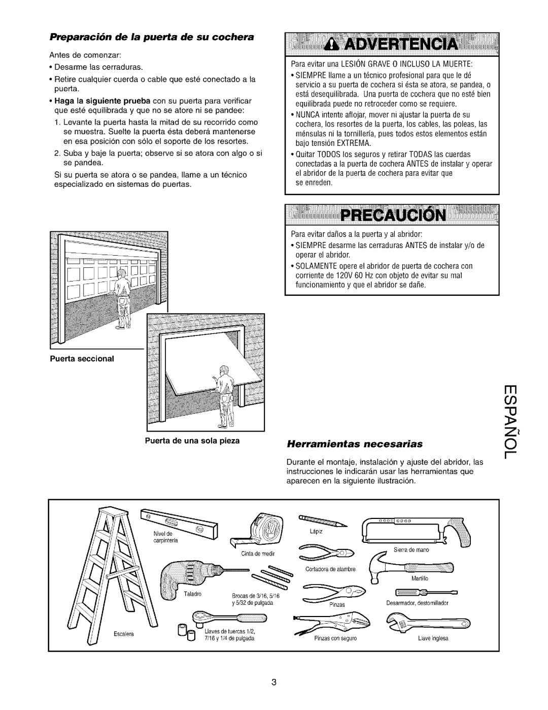 Sears 139.53962SRT1, 139.53975SRT1 owner manual Preparaci6n de la puerta de su cochera, Herramientas Necesarias 