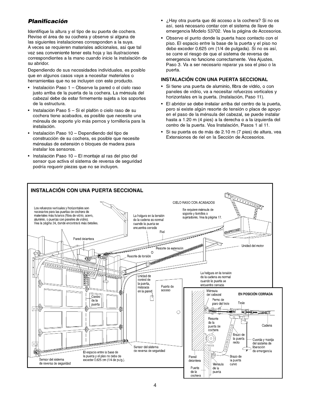 Sears 139.53975SRT1, 139.53962SRT1 owner manual Planificaci6n, Instalacion CON UNA Puerta Seccional 