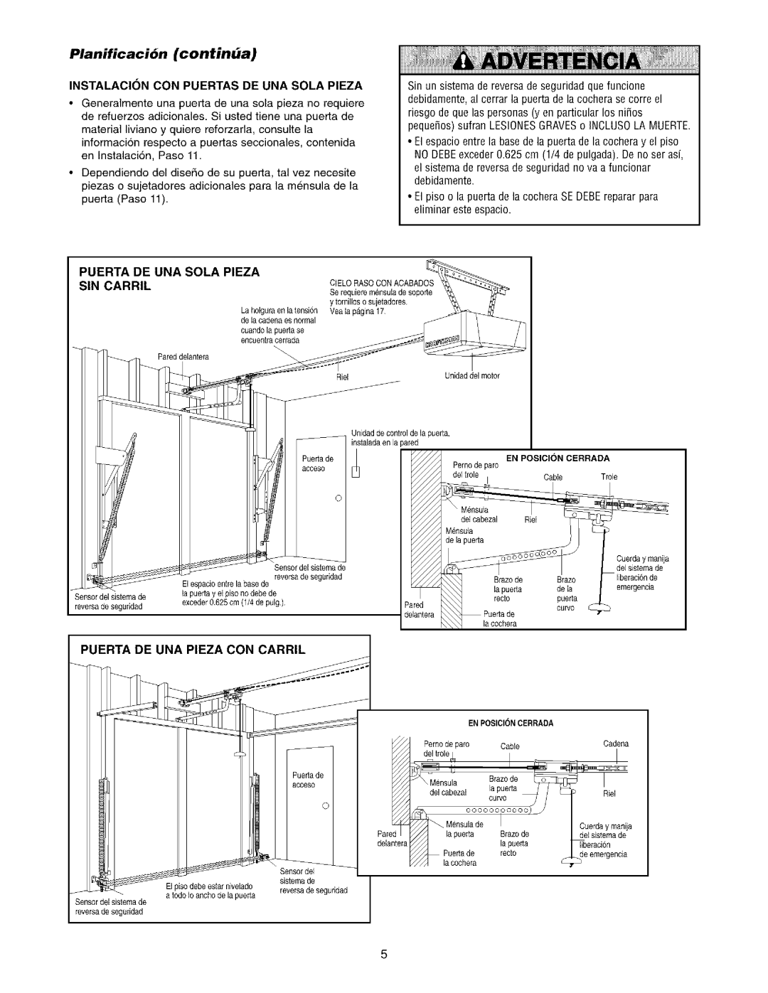 Sears 139.53962SRT1 Planificacibn continua, Puerta DE UNA Sola Pieza, SIN Carril, Puerta DE UNA Pieza CON Carril 