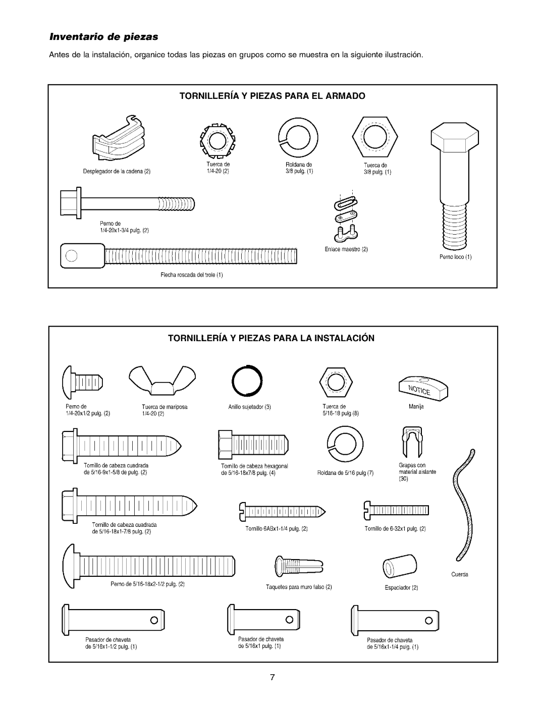 Sears 139.53962SRT1, 139.53975SRT1 owner manual Inventario de piezas, Tornillera Y Piezas Para EL Armado, Pulg 