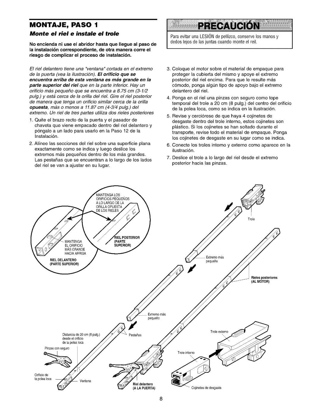 Sears 139.53975SRT1 owner manual Monte el riel e instale el trole, Rielesposteriores AL Motor, La poleaIoca, Riel delantero 