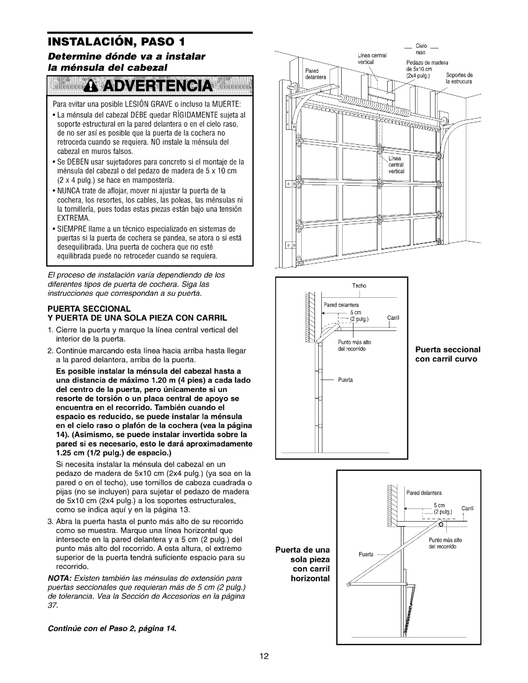 Sears 139.53975SRT1 owner manual Determine d6nde va a instalar La mnsula del cabezal, ContinEle con el Paso 2, pgina, Raso 