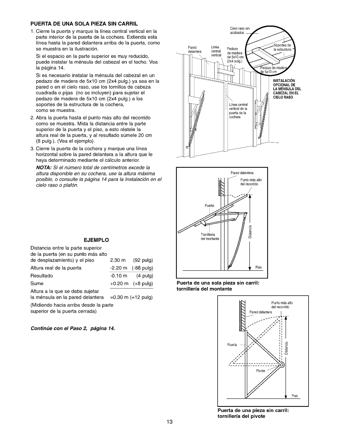 Sears 139.53962SRT1, 139.53975SRT1 owner manual Puerta DE UNA Sola Pieza SIN Carril, De1recorrido 