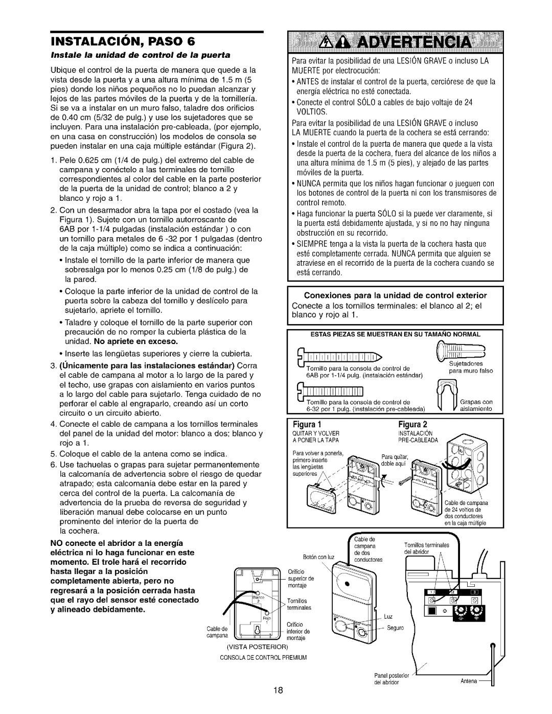 Sears 139.53975SRT1, 139.53962SRT1 owner manual Instale la unidad de control de la puerta, Infedorde 