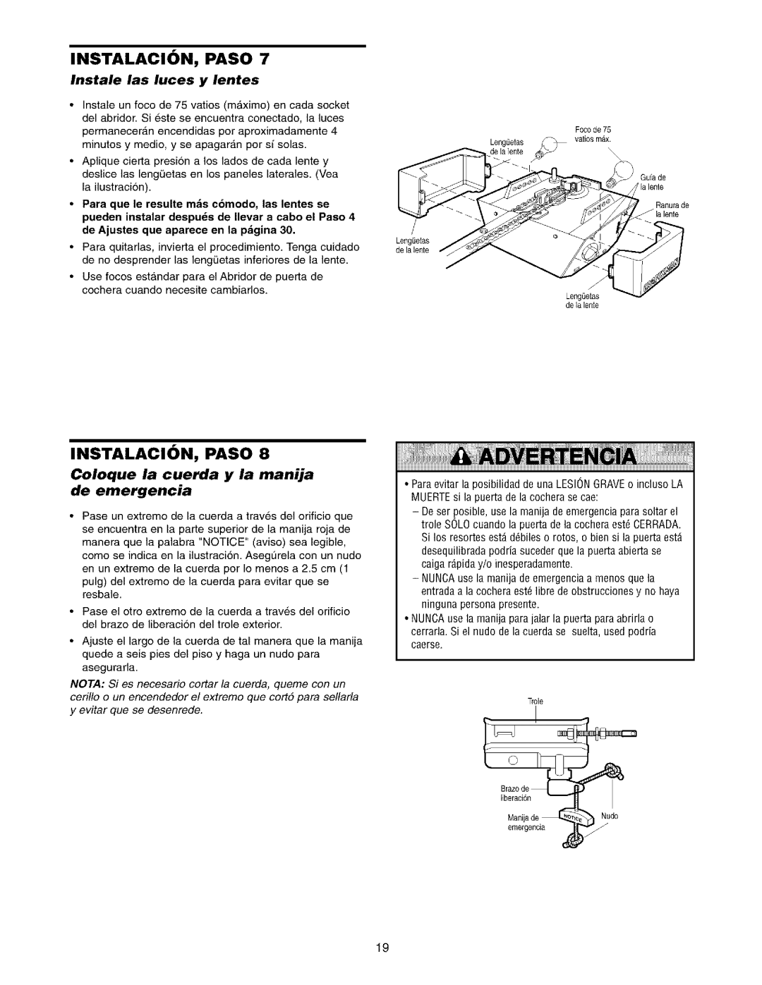 Sears 139.53962SRT1, 139.53975SRT1 owner manual Instale las luces y lentes, Coloque la cuerda y la manija de emergencia 