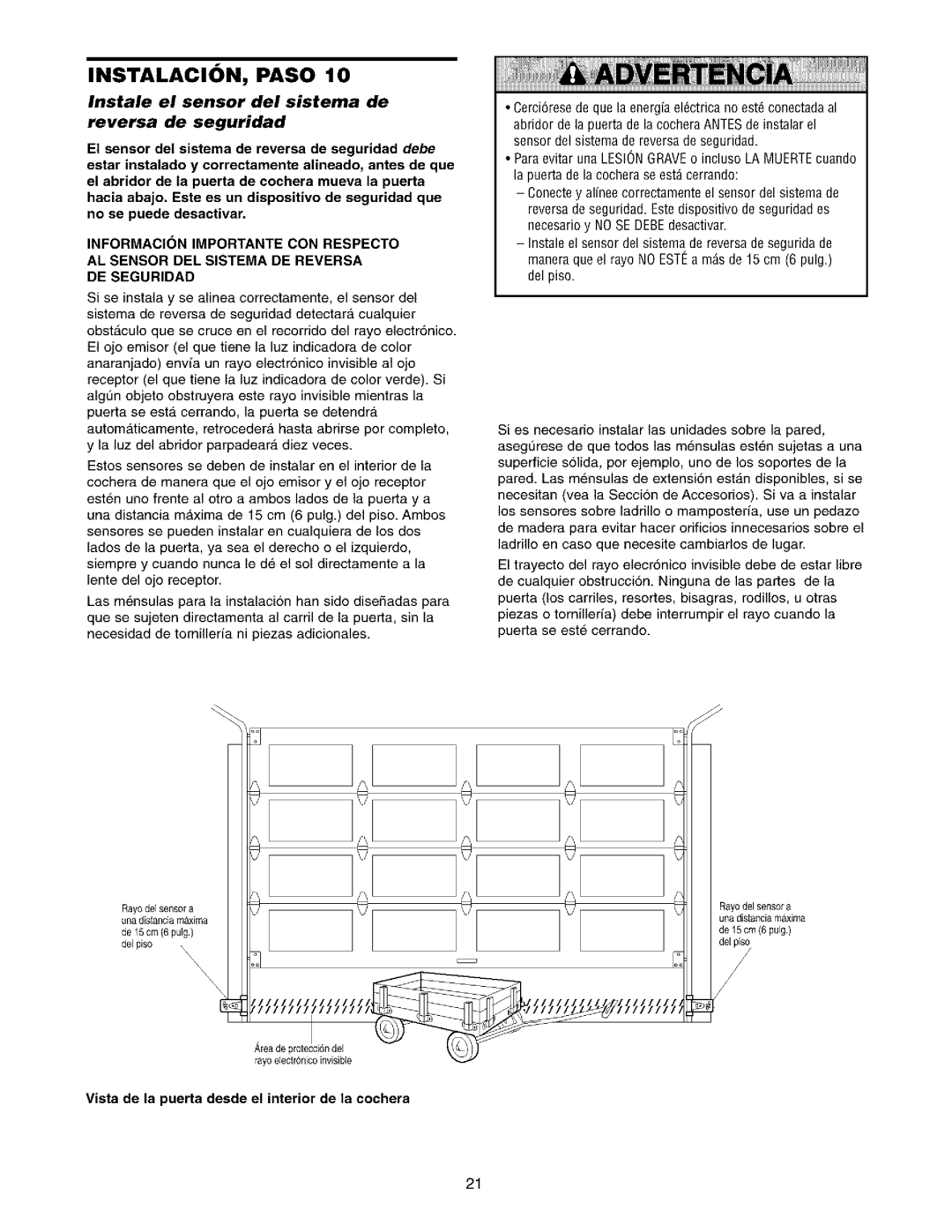 Sears 139.53962SRT1, 139.53975SRT1 owner manual Instale el sensor del sistema de Reversa de seguridad 