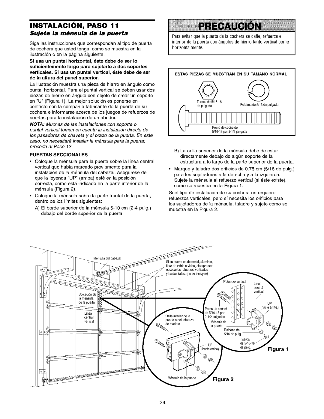 Sears 139.53975SRT1 Sujete la mnsula de la puerta, Puertas Seccionales, Estaspiezas SE Muestranen SU Tamaiio Normal 