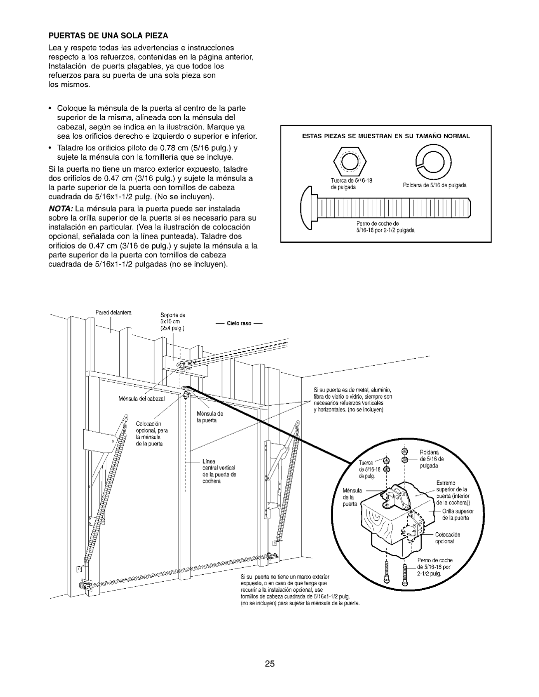 Sears 139.53962SRT1, 139.53975SRT1 owner manual Puertas DE UNA Sola Pieza, Cieloraso 
