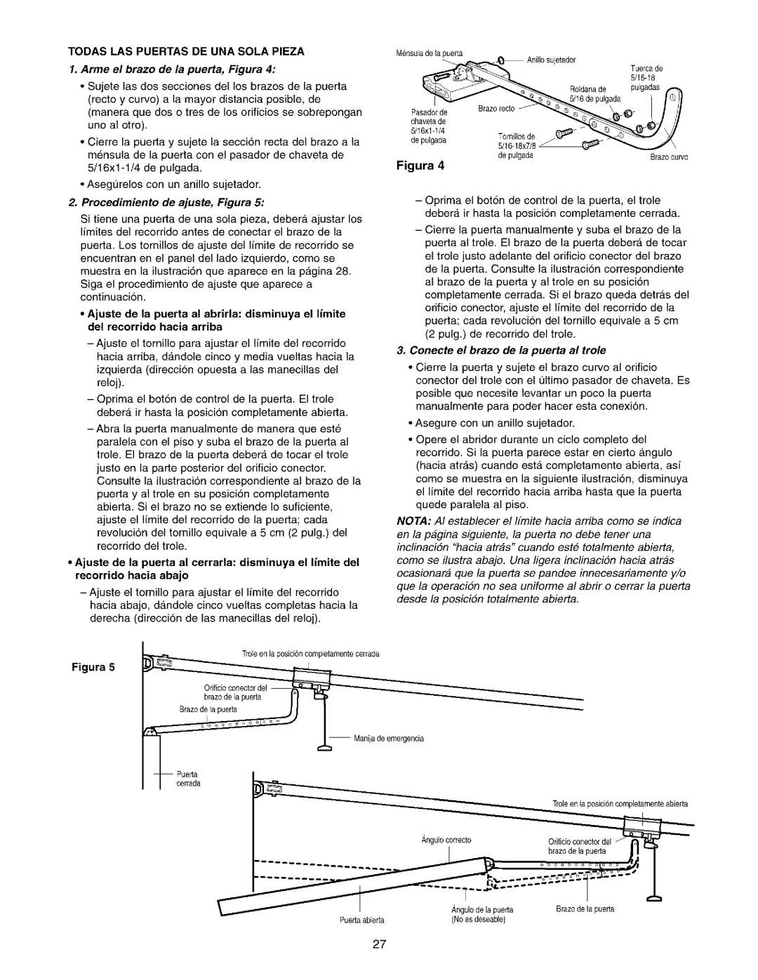 Sears 139.53962SRT1, 139.53975SRT1 owner manual Todas LAS Puertas DE UNA Sola Pieza, Arme el brazo de la puerta, Figura 