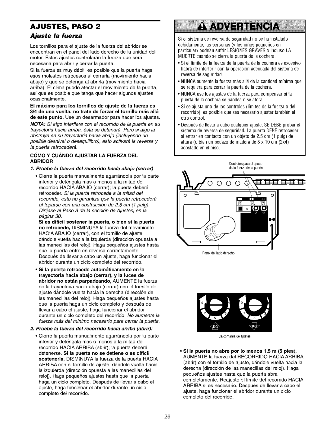 Sears 139.53962SRT1, 139.53975SRT1 owner manual Ajuste la fuerza, C3MO Y Cuando Ajustar LA Fuerza DEL Abridor 