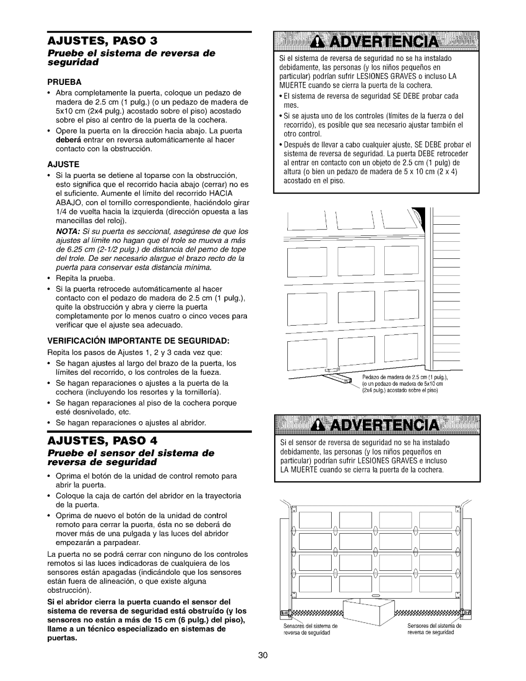 Sears 139.53975SRT1 Pruebe el sistema de reversa de seguridad, Pruebe el sensor del sistema de reversa de seguridad 