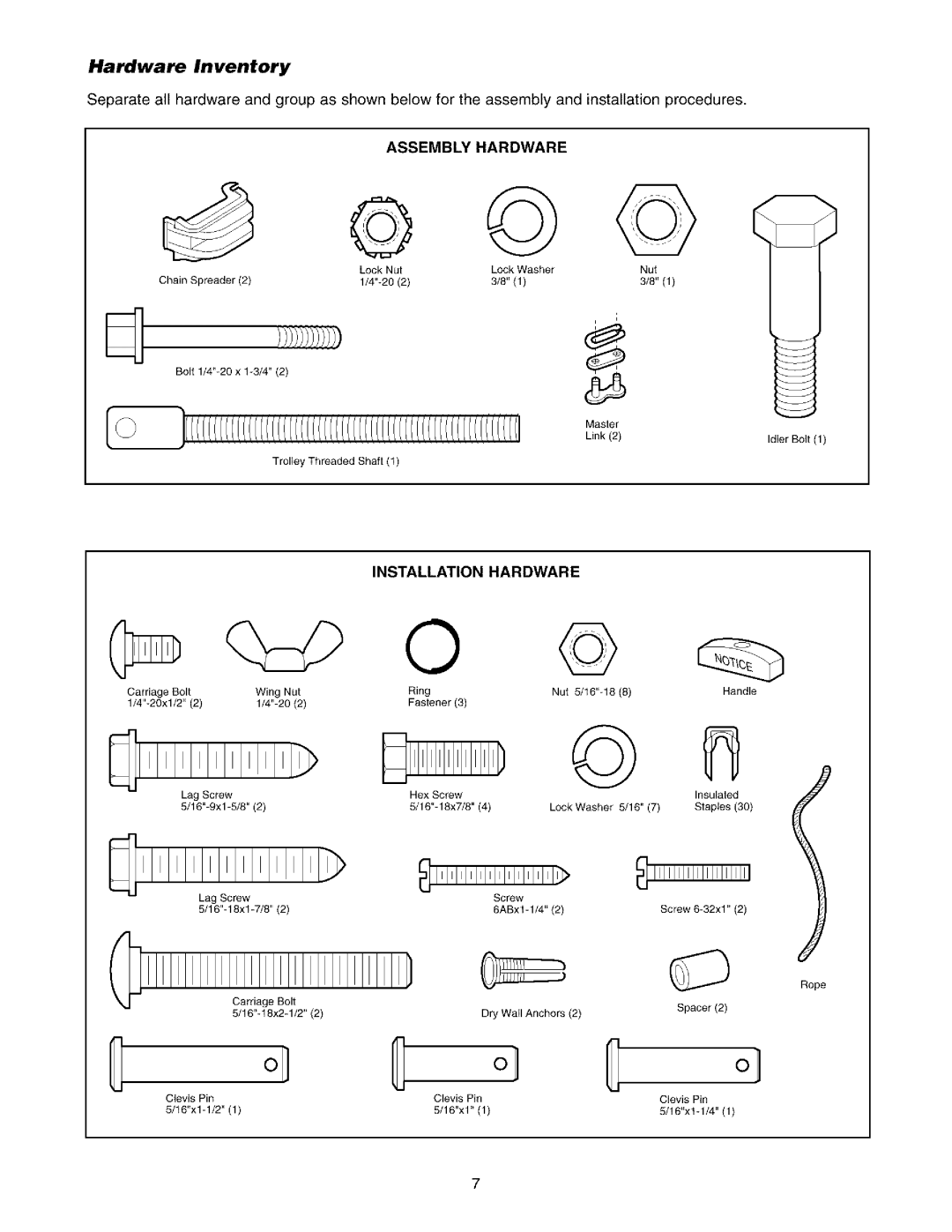 Sears 139.53962SRT1, 139.53975SRT1 owner manual Hardware Inventory, Assembly Hardware, Installation Hardware 