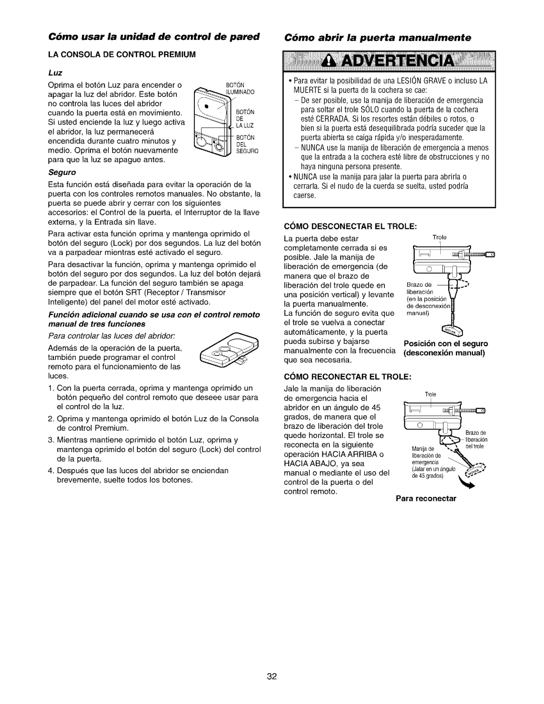 Sears 139.53975SRT1, 139.53962SRT1 owner manual C6mo usar la unidad de control, LA Consola DE Control Premium, De pared 