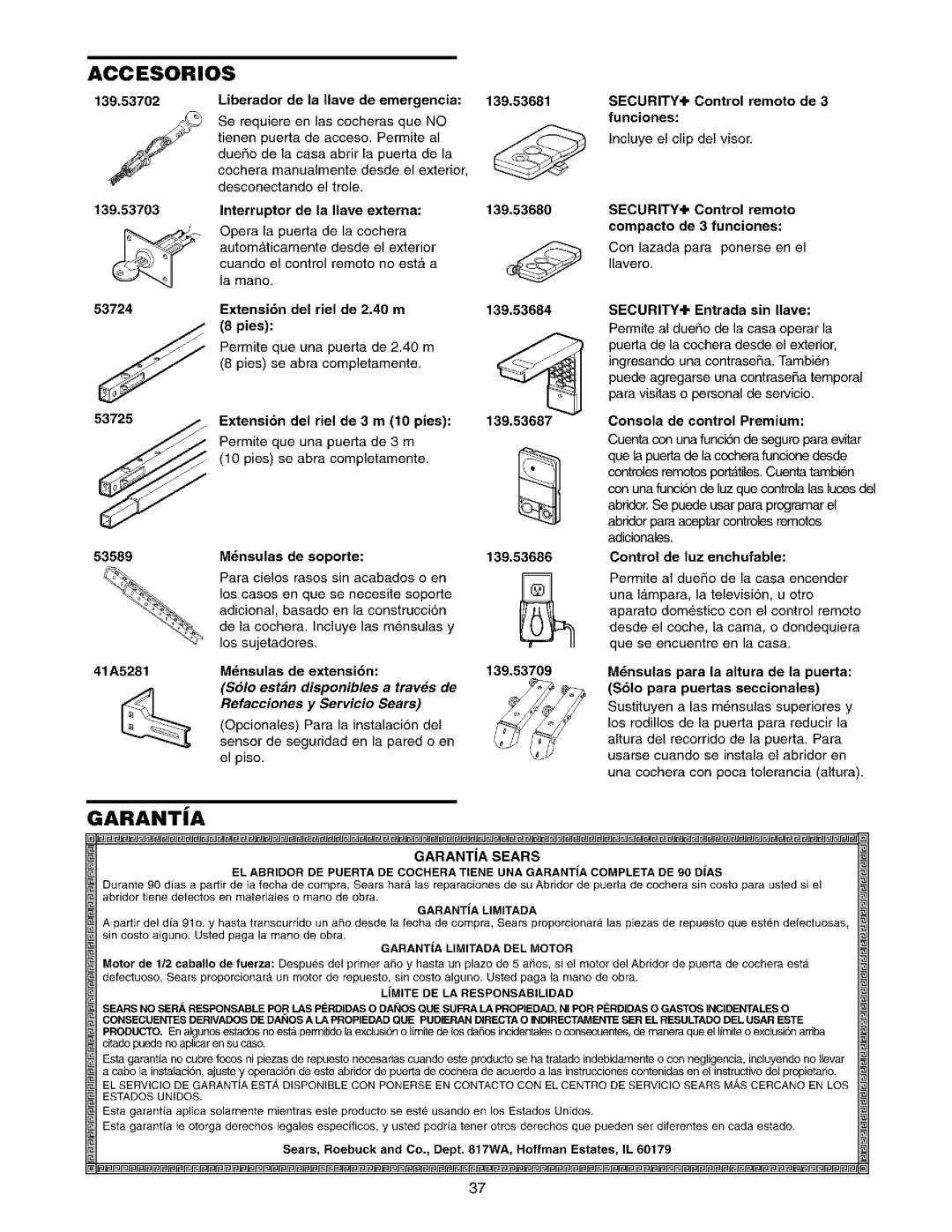 Sears 139.53962SRT1, 139.53975SRT1 owner manual Security+, Garantia Sears, Garantialimitadadel Motor 