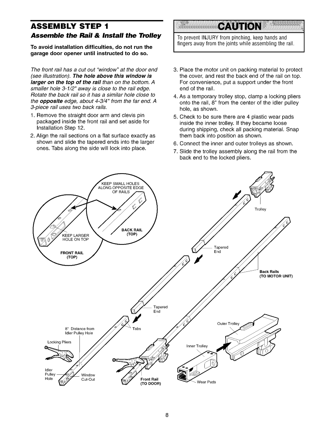 Sears 139.53975SRT1, 139.53962SRT1 owner manual Assemble the Rail & Install the Trolley, Front Rail, Back Rails 