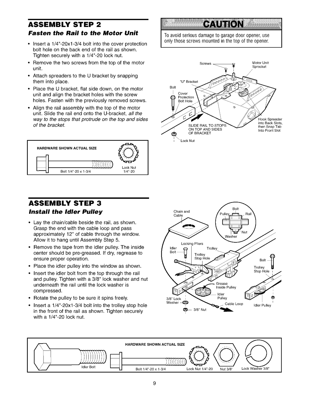 Sears 139.53962SRT1, 139.53975SRT1 owner manual Install the Idler Pulley, Fasten the Rail to the Motor Unit 