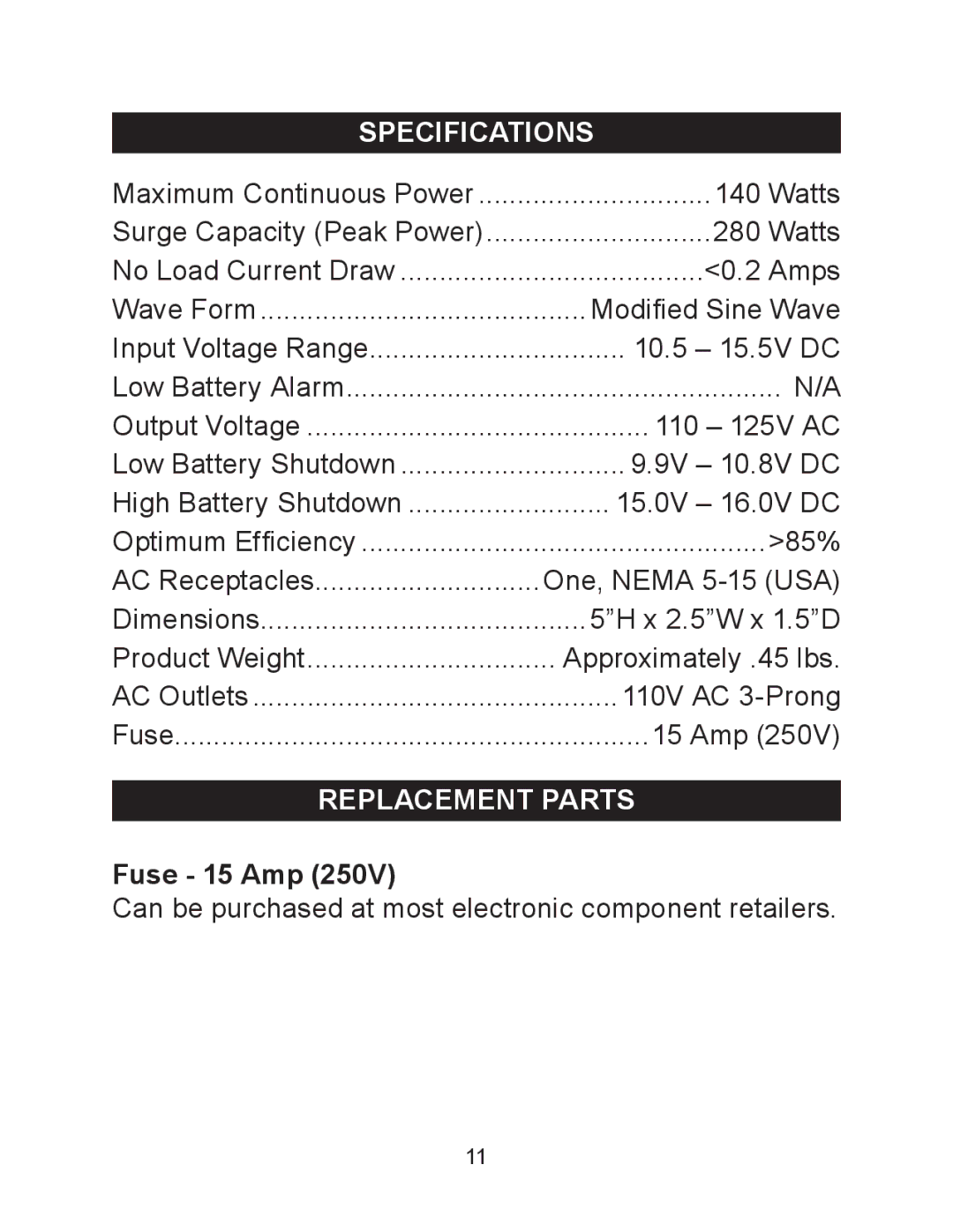 Sears 140 owner manual Specifications, Replacement Parts, Fuse 15 Amp 