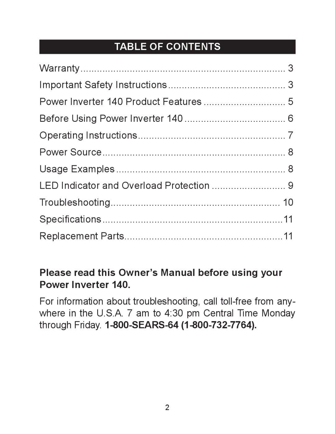 Sears 140 owner manual Table of contents 