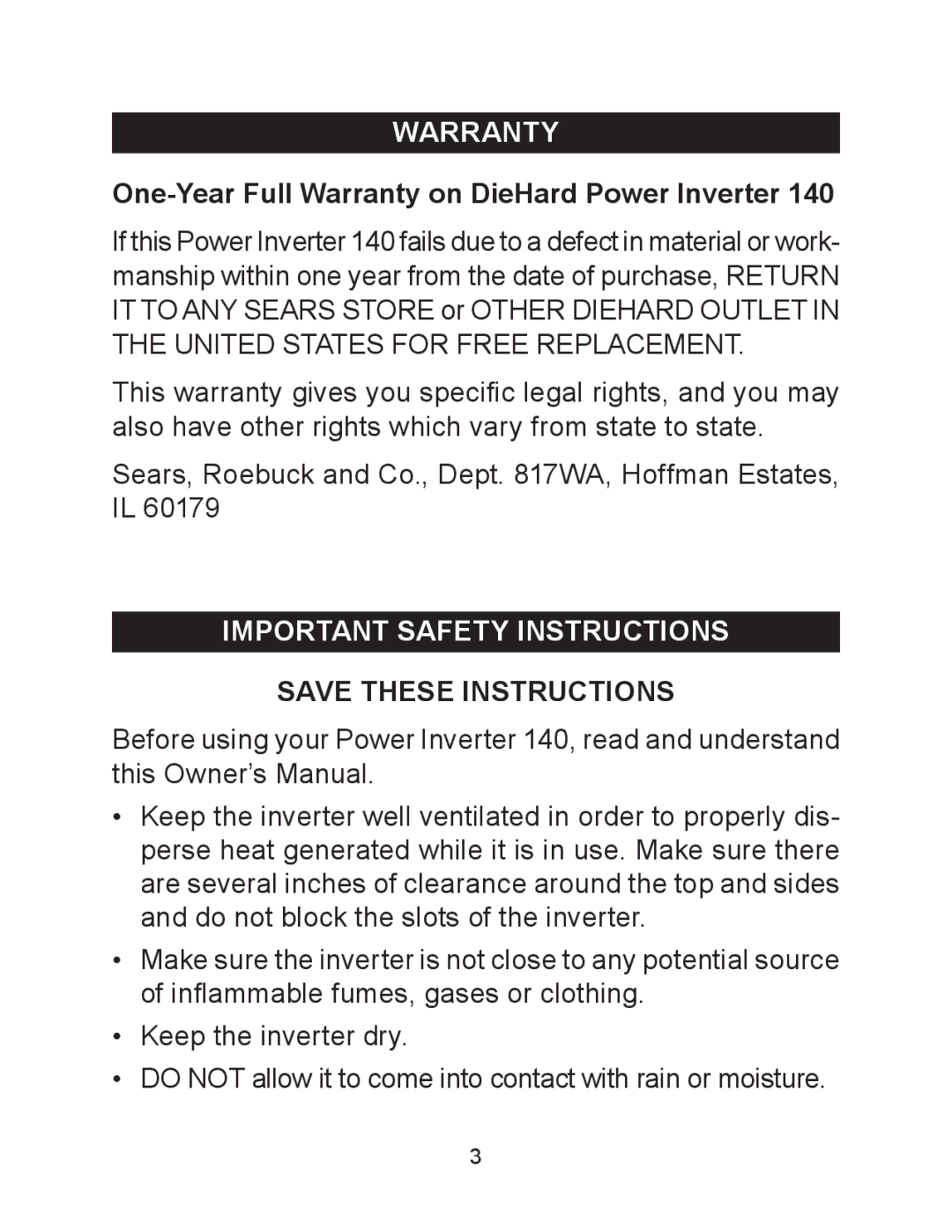 Sears 140 owner manual One-Year Full Warranty on DieHard Power Inverter, Important safety Instructions 