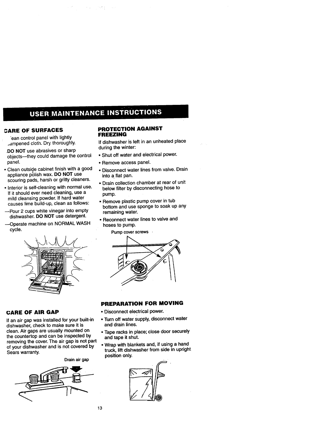 Sears 14171, 14172 Care of Surfaces, Care of AIR GAP, Preparation for Moving, Protection Against Freezing, Pumpcoverscrews 