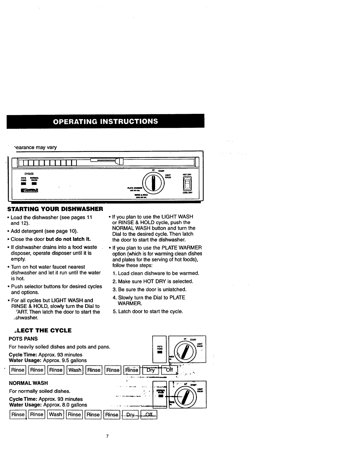 Sears 14175 Starting Your Dishwasher, Lect the Cycle Pots Pans, Water Usage Approx, Normalwash, For normally soiled dishes 