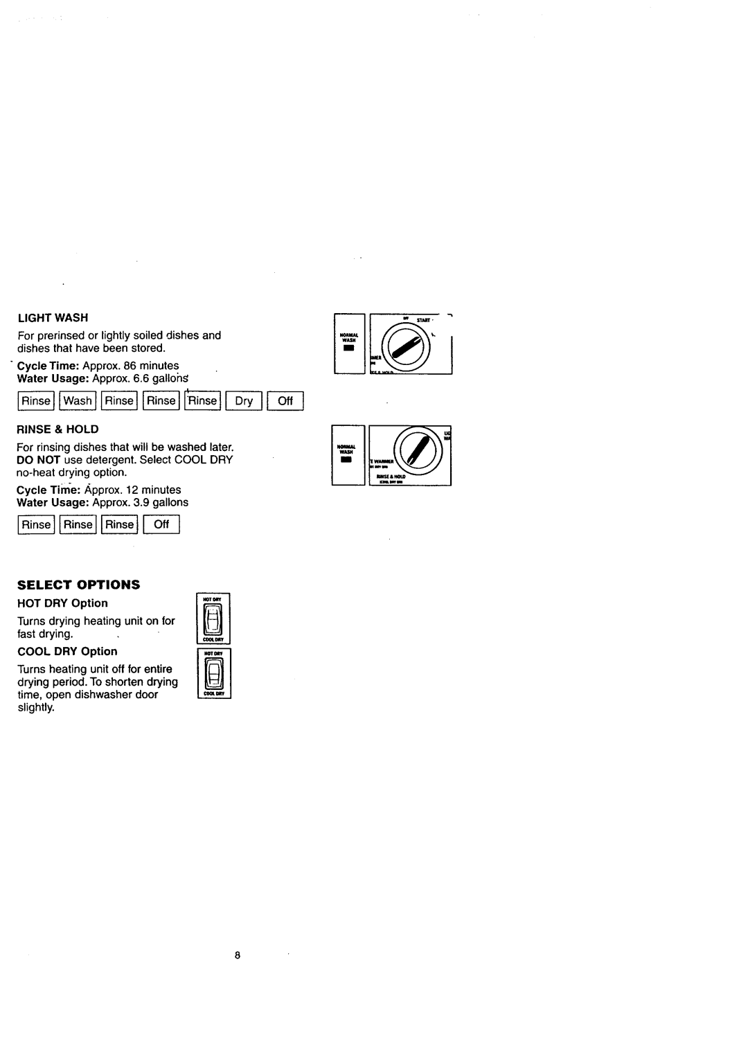 Sears 14172, 14171, 14174, 14175 owner manual Select Options, Light Wash, Rinse & Hold, HOT DRY Option 