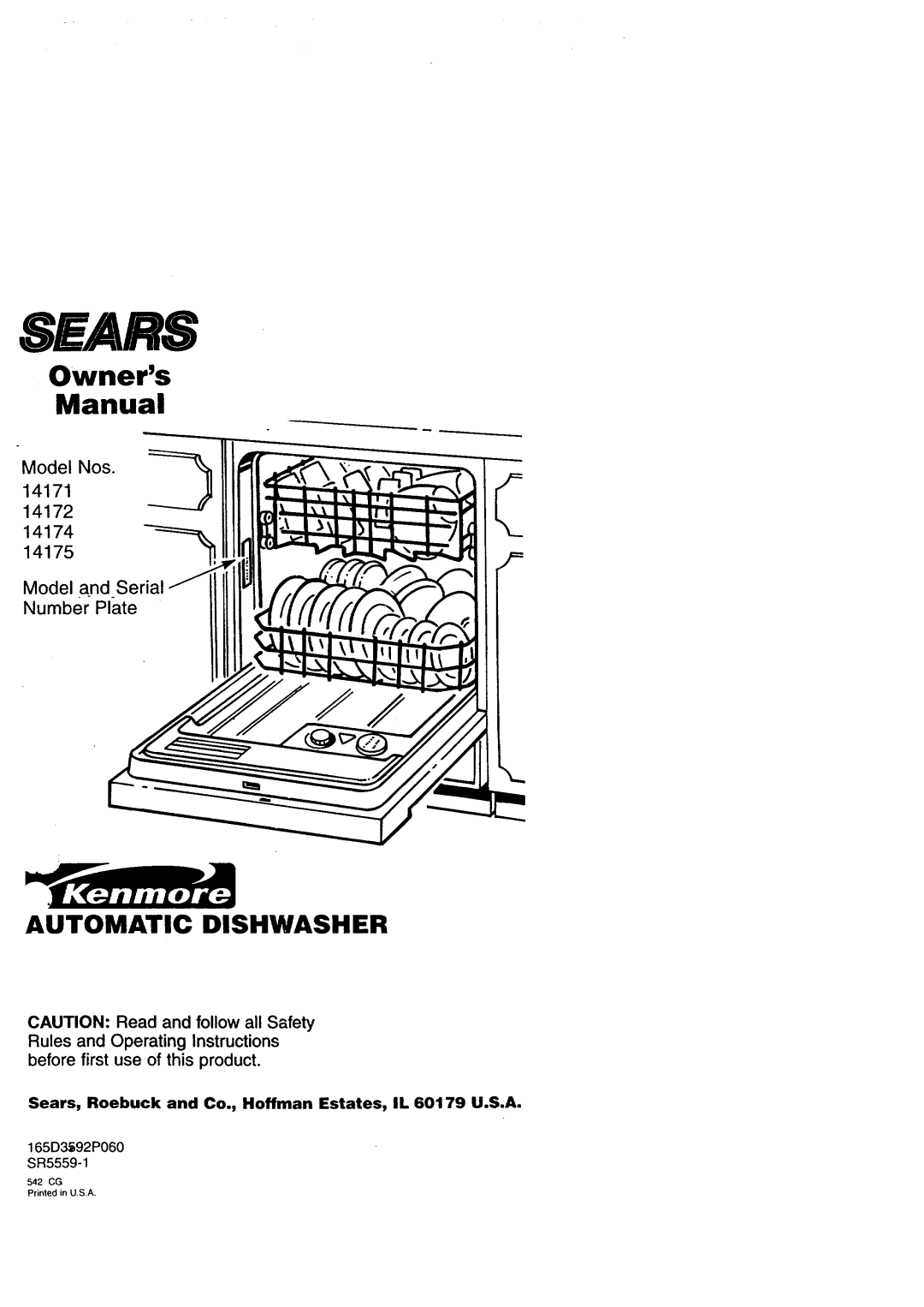 Sears 14171, 14172, 14174, 14175 owner manual Sears, Automatic Dishwasher, Model Nos, Model and Serial Number Plate 