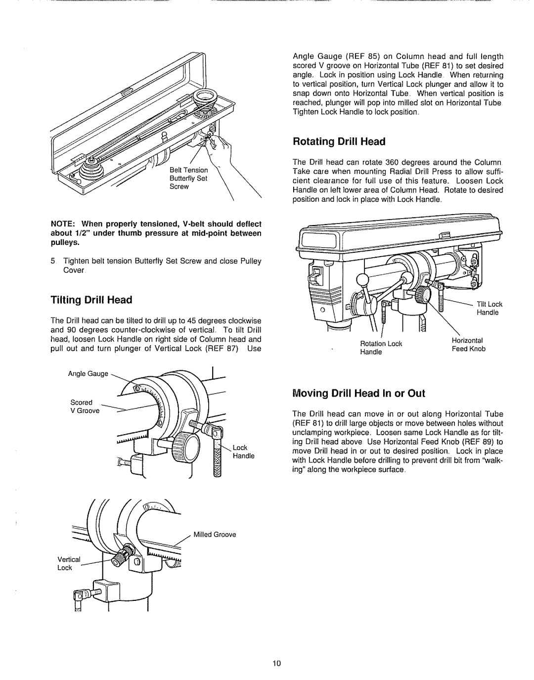 Sears 149.213340 warranty Tilting Drill Head, Rotating Drill Head, Moving Drill Head In or Out 