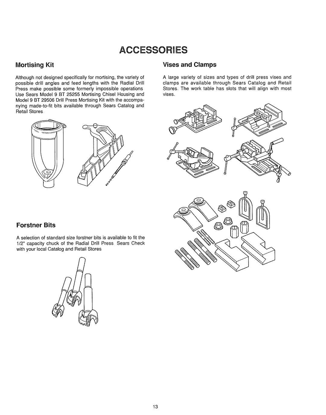 Sears 149.213340 warranty Accessorues, Mortising Kit, Vises and Clamps 